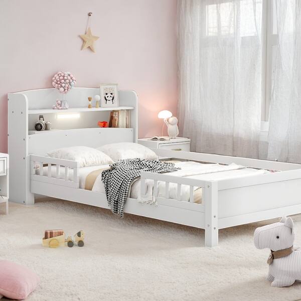 slide 2 of 11, Twin Size Platform Bed with Built-in LED Light, Storage Headboard & Guardrail, White White