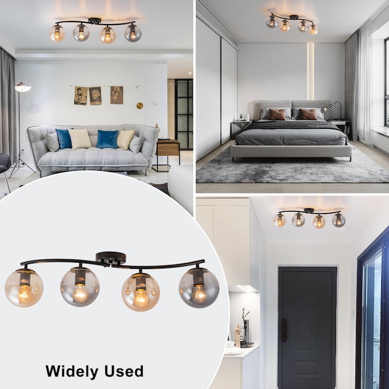 4 Lights Linear Metal Flush Mount Ceiling Light with Smoky and Amber Glass Globes - Dia.31.89-in