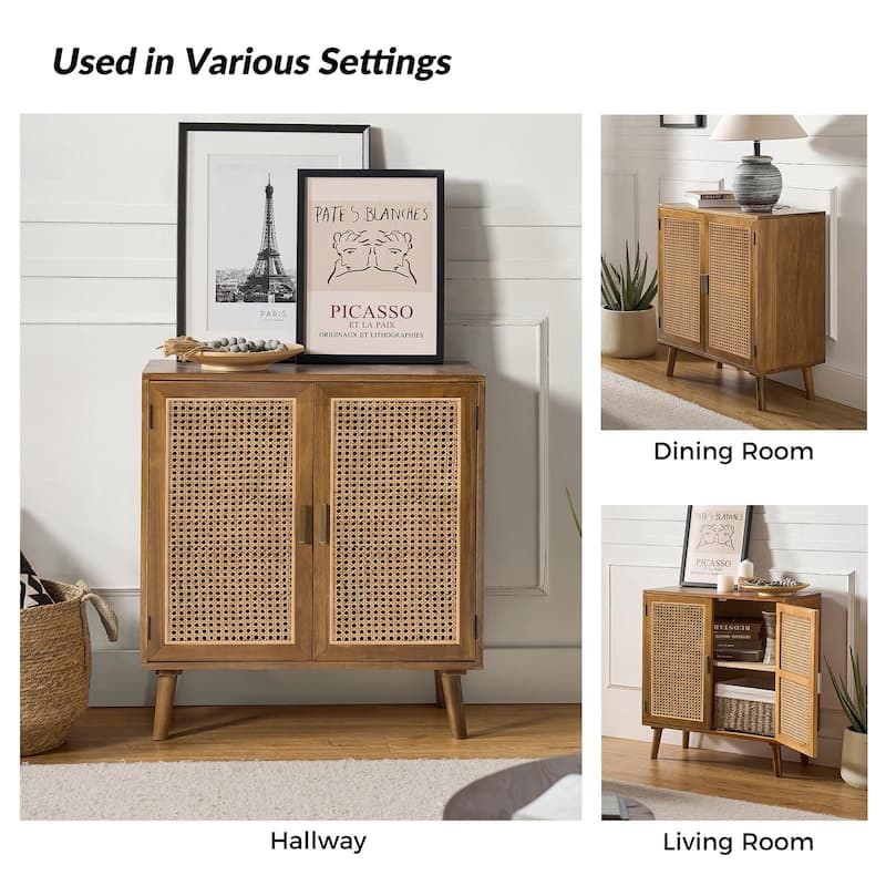 Woodland Multifunctional Rattan-Accented 2-Door Storage Stackable Buffet Cabinet with Solid and Wood Frame by HULALA HOME