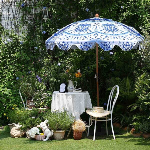 faux wood dining set patio umbrella Acacia Wood 7-Piece Patio Dining Set with Umbrella Hole