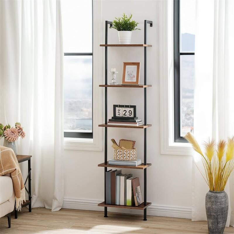 Ladder Shelf 5 Tier Wooden Wall Mounted Bookshelf - 9.45"D x 15.35"W x 65.94"H