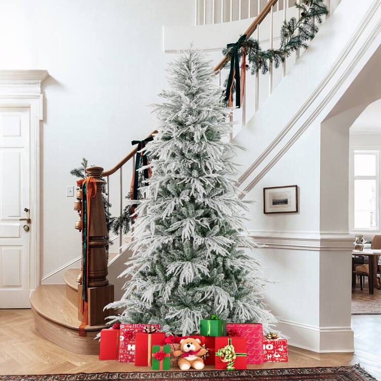 Pre Lit Snow Flocked Artificial Christmas Tree with Warm White LED Lights and Metal Stand