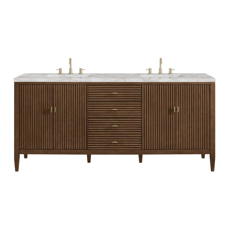 James Martin Vanities 485-V72-3VSL Myrrin 72" Double Basin Wood Vanity - Mid-Century Walnut - Walnut Finish