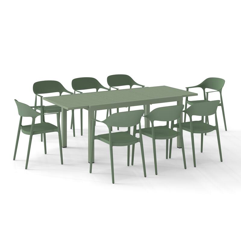 Outdoor Dining Set 9-Piece Stackable Plastic Lightweight Curved Backrest Armchair and Extendable Dining Table