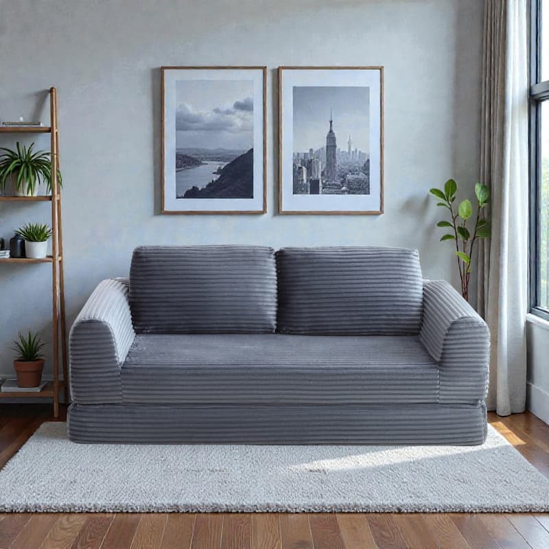 2 in 1 Folding Sofa Bed, Corduroy Convertible Sleeper Couch with Pillows, Boneless Futon Floor Sofa - Grey