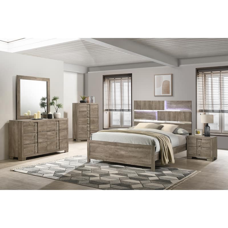 Dawson Light Brown Wood Bed with LED Lighting and Modern Panel Design