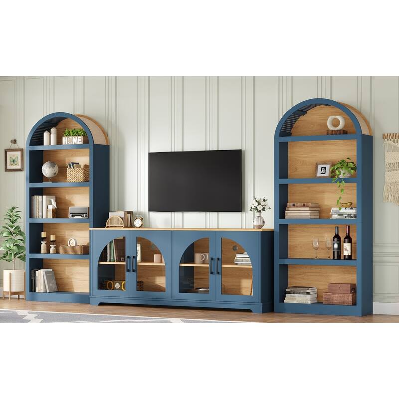 3-Piece Entertainment Center with Bookshelves for TVs up to 70", Retro Wall Unit TV Stand with Glass Doors, Media Console Table