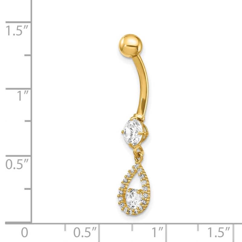 Curata Solid 14k Yellow Gold 7mm Cubic Zirconia Teardrop Dangle Belly Ring (7mm x 34mm)