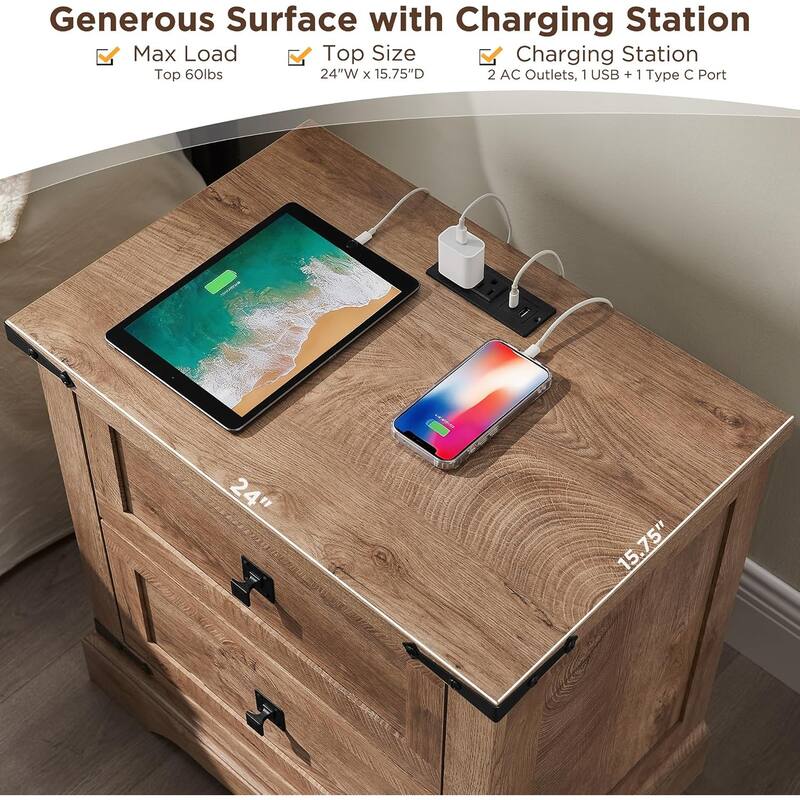 Farmhouse 2 Drawers Nightstand with Charging Station, Large End Table
