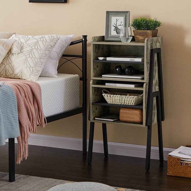 VECELO Gray Mid-Century Modern 3-Tier Stackable Nightstand Set of 1/2 Nightstands with Metal Frame for Bedroom Living Room