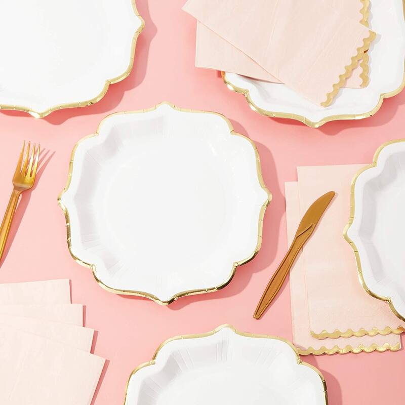 White Paper Party Plates with Gold Foil Scalloped Edging (9 In, 48 Pack)