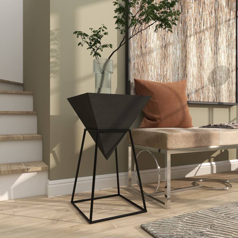 Minimalist Wood Inverted Pyramid Geometric Accent Table with Metal Stand - White or Black