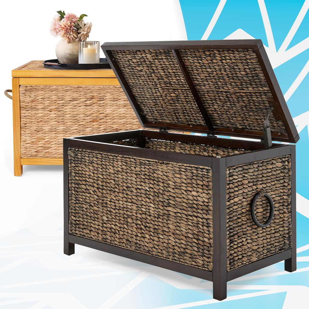 ClickDecor Wilson Wicker Trunk, Farmhouse Style, Handwoven Water Hyacinth, Acacia Wood Frame, Metal Handles, 30” Wide Large