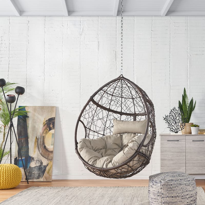 Outdoor Teardrop Hanging Basket Chair with Water-Resistant Tufted Cushion, Rattan Egg Chair, Wicker Swing Chair