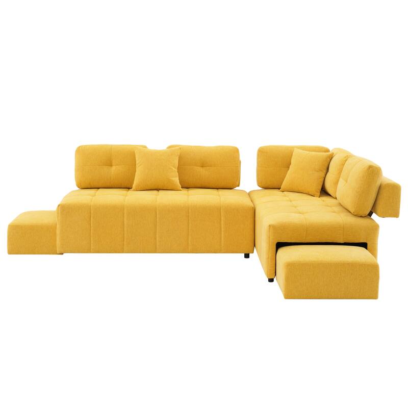 91.73" L-Shaped 4-Seat Sectional Sofa with 2 Hidden Stools, 2 Removable Lumbar Cushions, and Durable Chenille Fabric