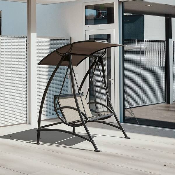 slide 2 of 3, 2-Seat Patio Swing Chair Porch Swing with Adjustable Canopy Dark Brown