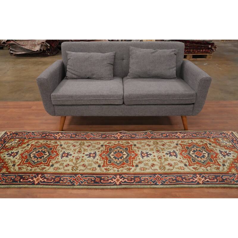 Hand Knotted Oriental 100% Wool Carpet Traditional Geometric Beige & Ivories Heriz (serapi) Runner Rug - 8' 1'' X 2' 7''