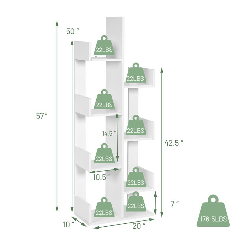 Gymax 8-Shelf Bookcase Modern Tree Bookshelf Storage Decor - 20''x 10'' x 57''