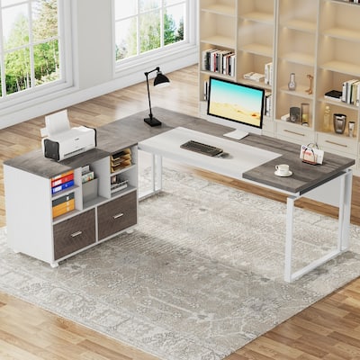 63" L-Shaped Computer Desk Executive Desks with Reversible File Cabinet and Storage Drawers for Home Office