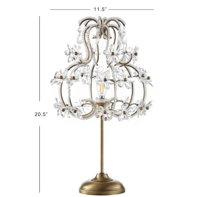 Stork 20.5" Crystal Flower Beaded Girandole Metal/Acrylic LED Table Lamp, Brass Gold/Clear by JONATHAN Y
