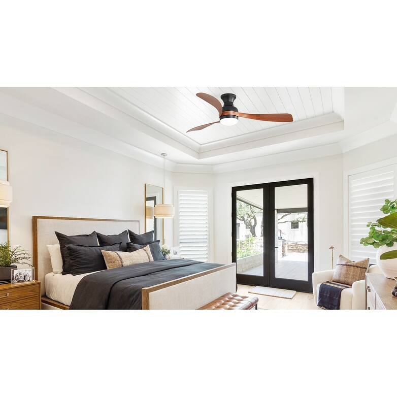 52-Inch Ceiling Fan With Light And Remote Control,With 3 ABS Fan Blades,Flush Mount Ceiling Fan with Reversible DC Motor - Black