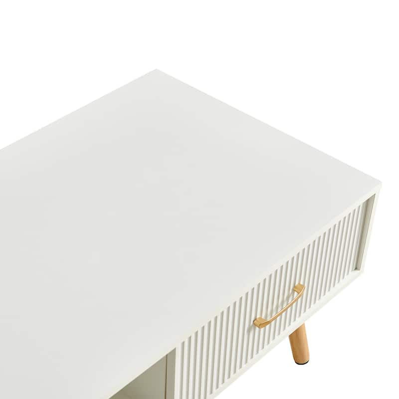 Rectangle Coffee Table with Solid Wood Legs, Sliding Drawer for Storage, Modern Table