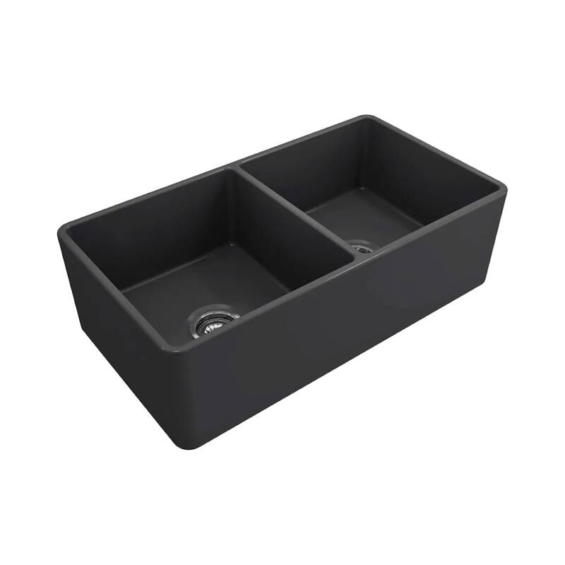 33 x 18 Inch Crestwood Farmhouse Sink, Charcoal Fireclay Kitchen Sink, Double Bowl Apron Front, Plain Farm Sink - 33x18 - 33x18 - Charcoal