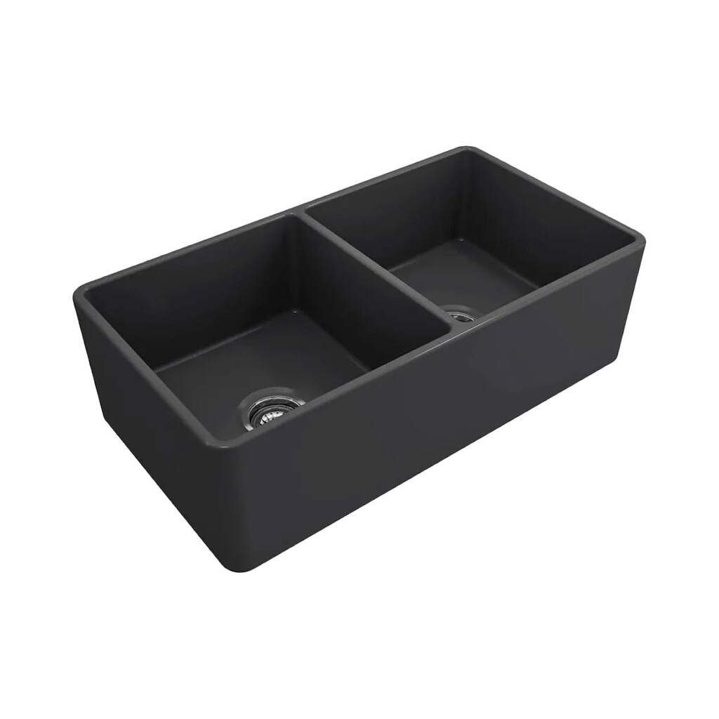 33 x 18 Inch Crestwood Farmhouse Sink, Charcoal Fireclay Kitchen Sink, Double Bowl Apron Front, Plain Farm Sink - 33x18