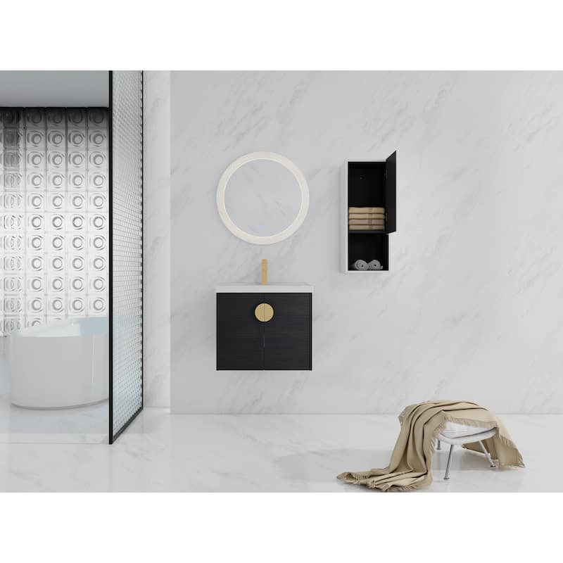 24" Wall-Mounted Bathroom Vanity With Ceramic Sink and Side Cabinet, Soft Close Doors, Combination Cabinet