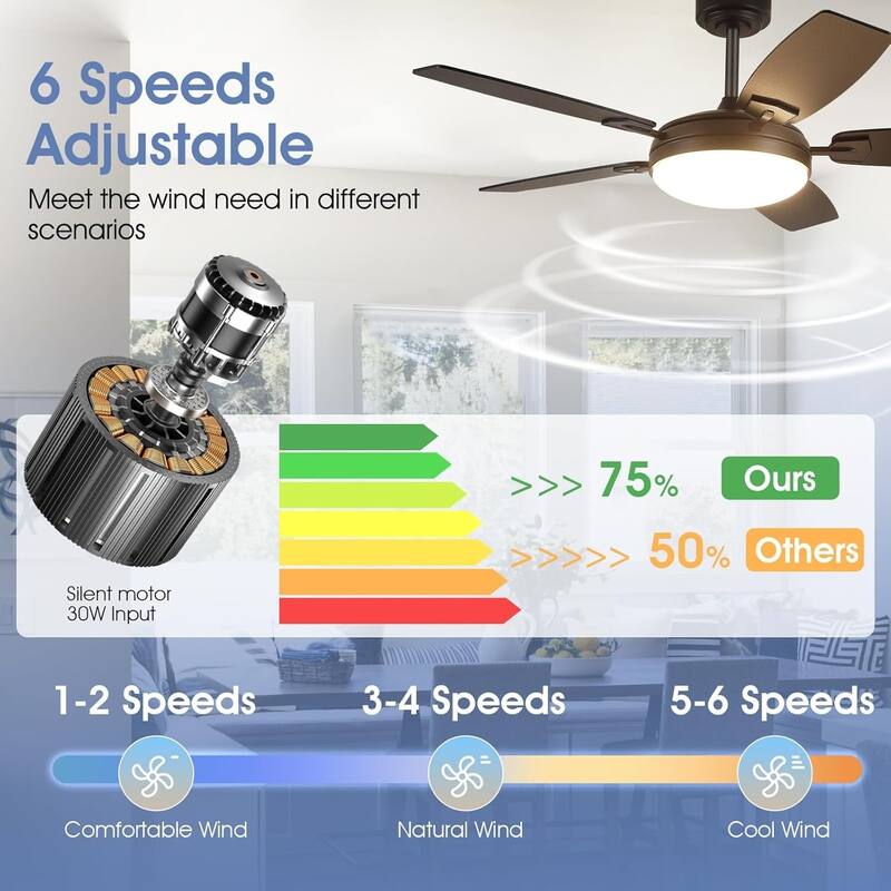 52/66/72 Inch Downrod Ceiling Fan with Light,Plywood Blades,Reversible DC Motor