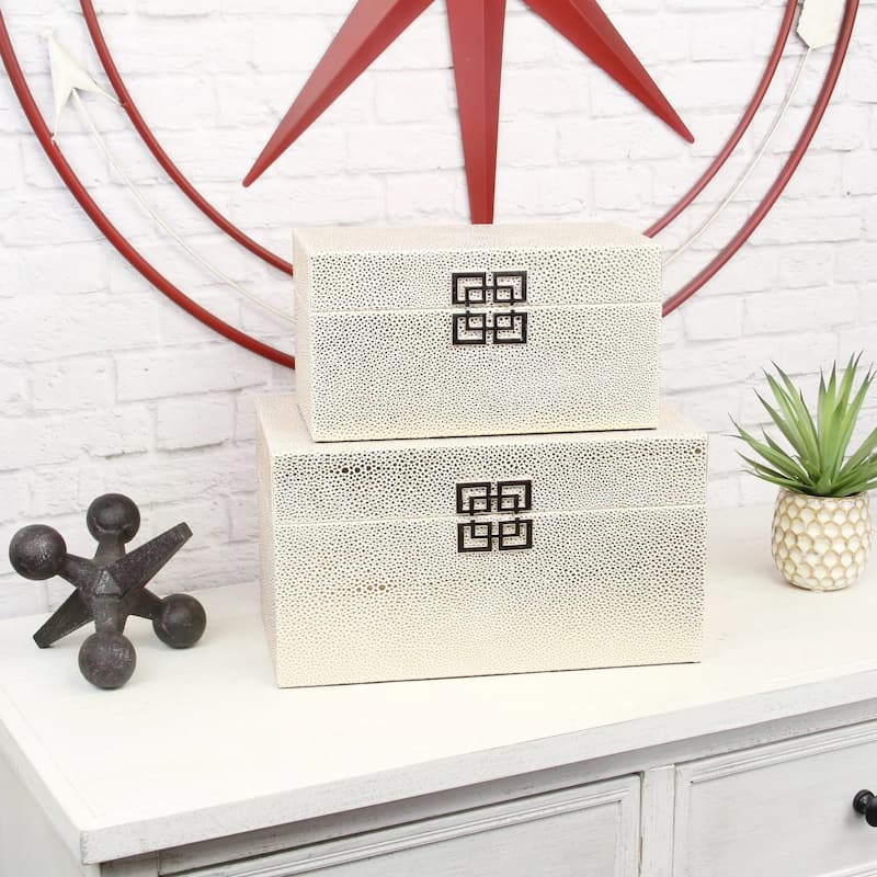 Set of 2 White Gold Rectangular Shagreen Storage Boxes 12"
