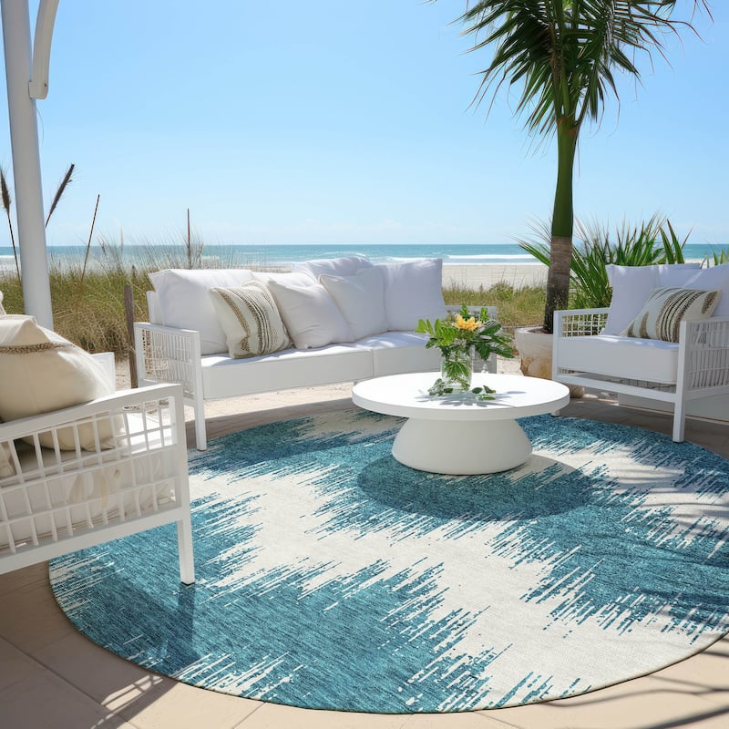 Machine Washable Indoor/ Outdoor Chantille Chevron Modern Rug - Teal - 8' x 8'