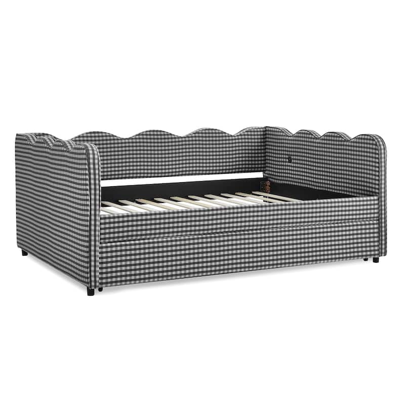 Full Size Gingham Daybed with Twin Trundle, USB Port, Wave Shaped Design & Linen Fabric - No Box Spring Needed