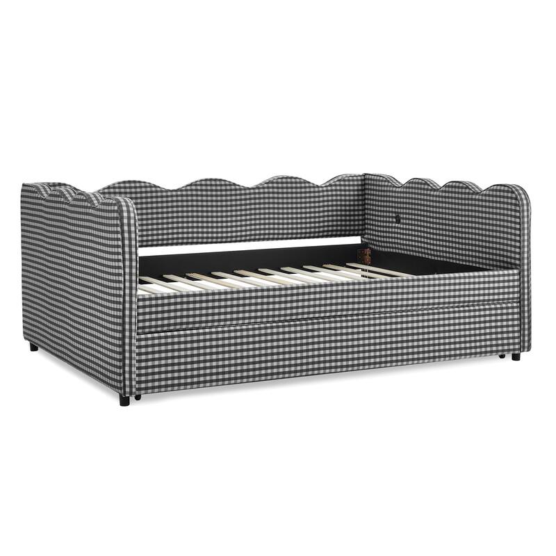 Upholstery Daybed Full Size Sofa Bed with Twin Size Trundle and Charging Ports, Linen Fabric Plaid Pattern and Wavy Silhouette