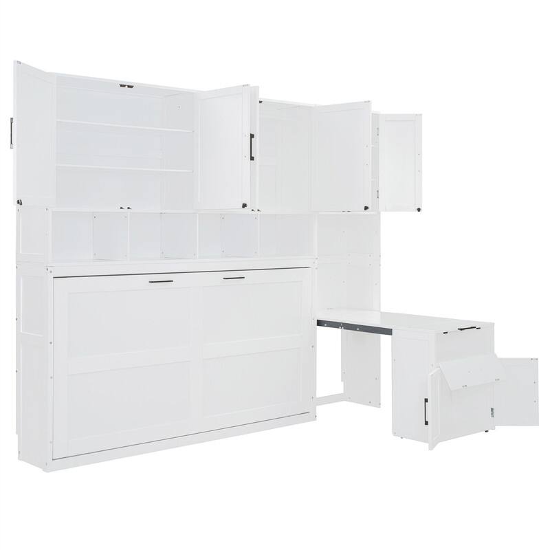 Twin Size Murphy Bed with Closet, Desk and Storage Shelves, Space Saving Design Murphy Bed Cabinet with Open Storage