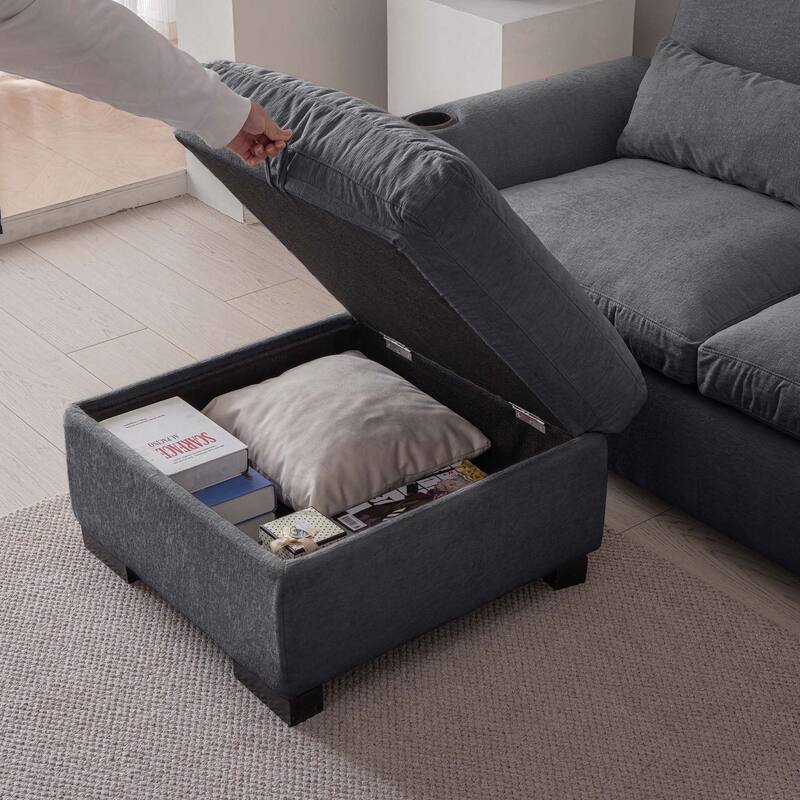 114.5"Modern L Shaped Chenille Sofa with Ottoman and USB Ports