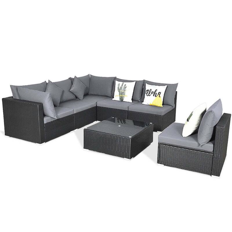 Gymax Set of 7 Rattan Sofa Set Sectional Conversation Furniture Set - Grey