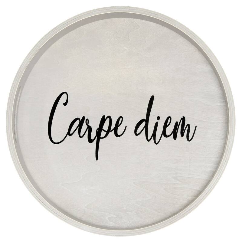HomeRoots 14" Gray And Black Carpe Diem Round Serving Tray With Handles - 13.75 in. x 1.65 in. x 13.75 in.