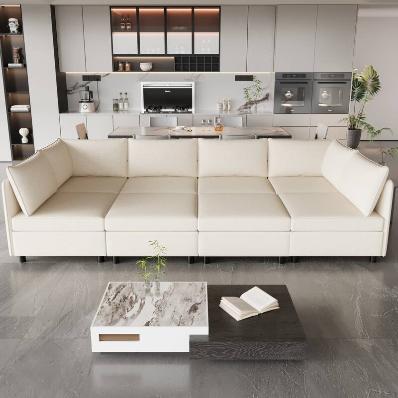 129'' Convertible 8-Seat Modular Sectional Sofa with Storage Ottoman and Comfortable Sleeper Options