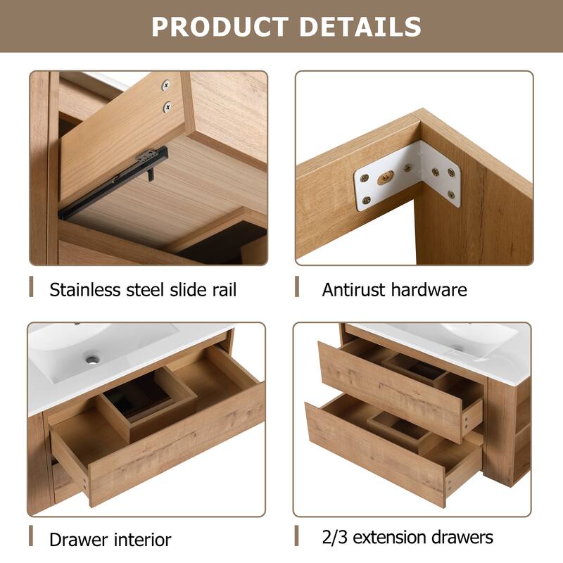 Bathroom Vanity With Sink In 30/36 Inch, Floating Bathroom Vanity With Soft Close Drawers and adjustable shelves