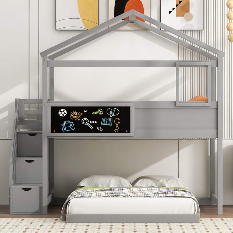 Twin Over Full Bunk Bed with Roof, Window, Storage Stairs, and Blackboard, Grey/White
