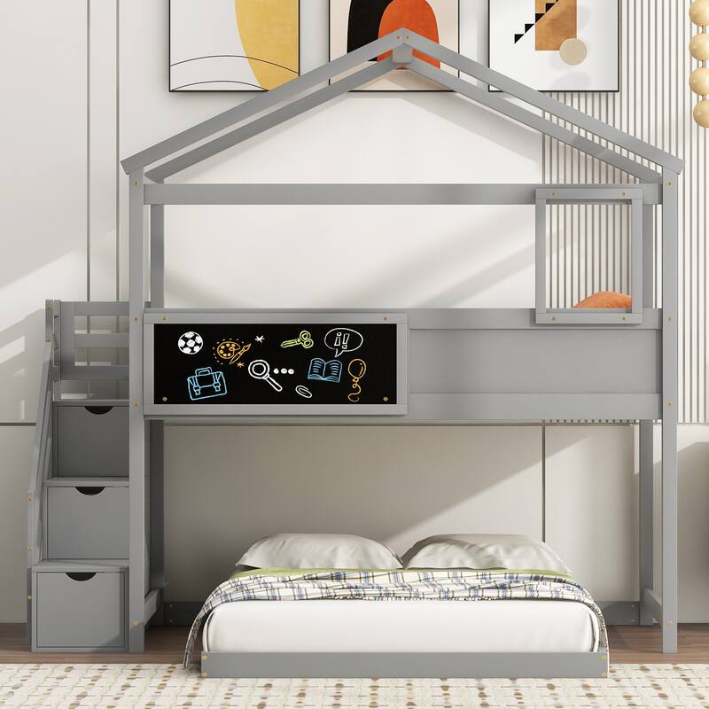 Twin over Full House Bunk Bed with Storage Staircase and Blackboard, Bunk Bed Frames w/Slats Support No Box Spring Needed