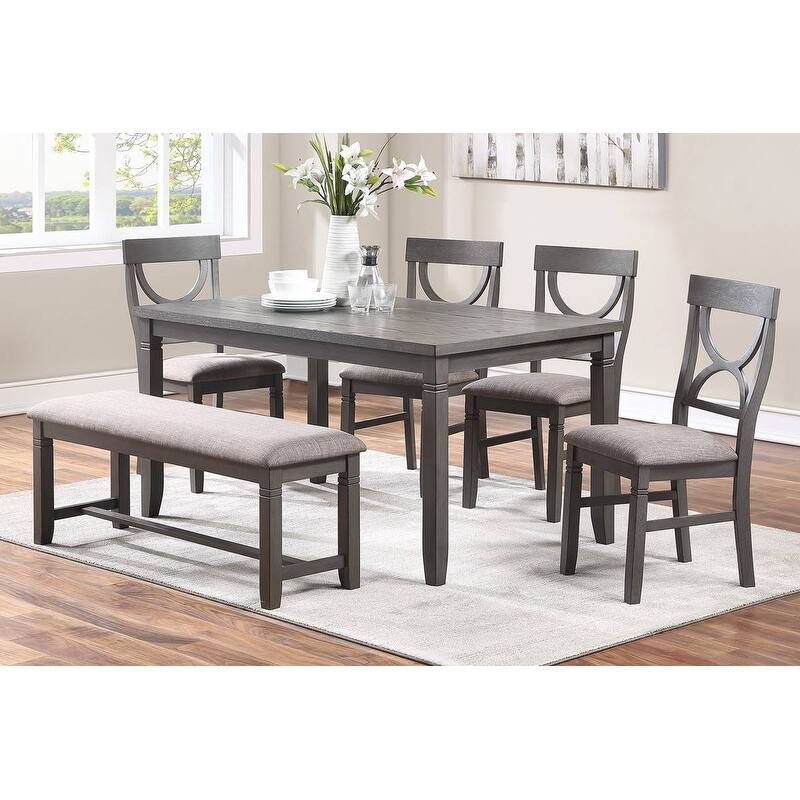 6 Piece Wood Dining Table Set, Kitchen Dining Room Table Set with Rectangle Table, 4 Upholstered Chairs and Bench