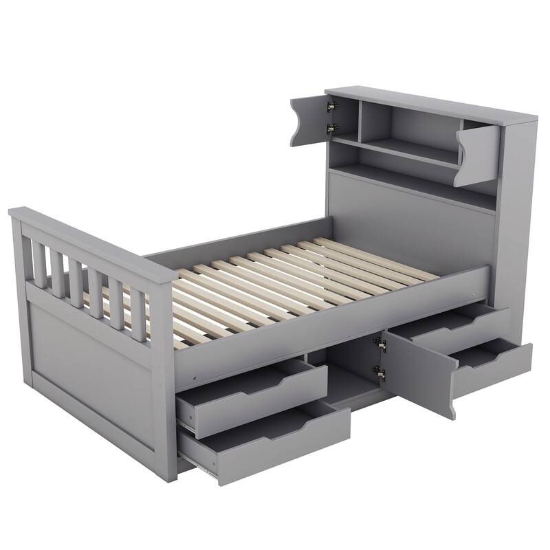 Twin Size Platform Bed with Storage, Bookcase Headboard, Four Drawers, Gray