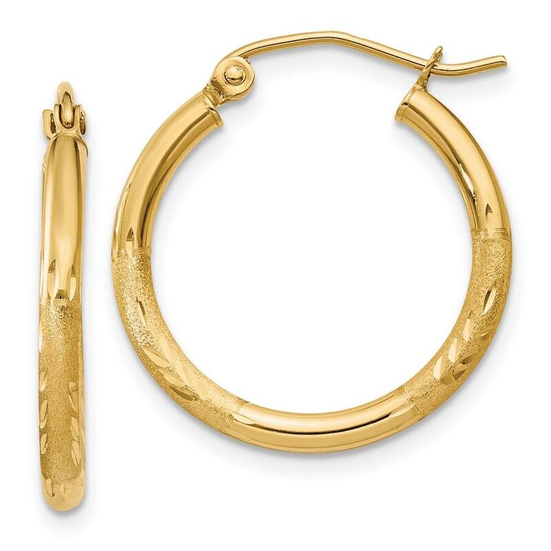 Curata 14k Yellow Gold Satin and Sparkle Cut Round Tube Hoop Earrings - 20x20mm
