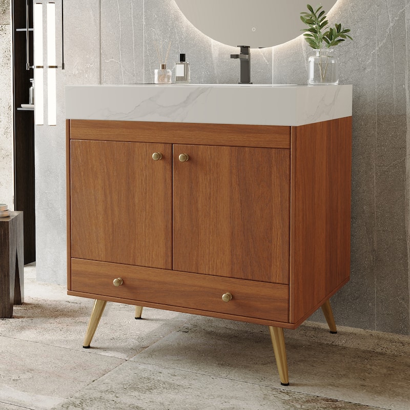 Mid-Century 30" Freestanding Bathroom Vanity with Faux Marble Top, Ceramic Sink & Gold Legs Cabinet