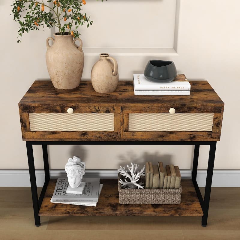 1 Modern Farmhouse Rattan Entryway Storage Shelf-Two Drawers