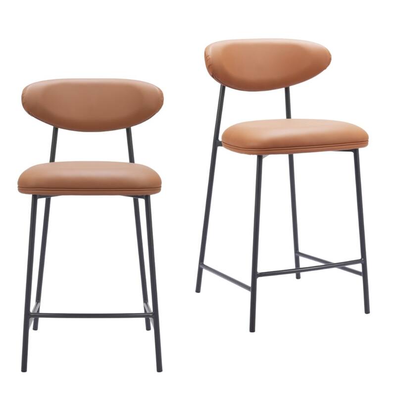 HomeRoots Set of Two 25" Brown and Black Faux Leather and Steel Low Back Counter Height Bar Chairs
