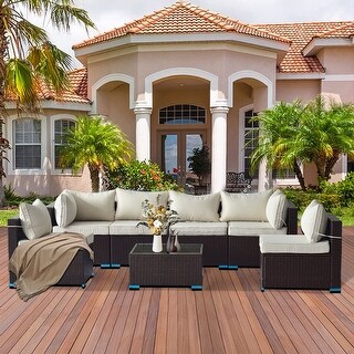 7-Piece Brown Patio PE Rattan Sectional Sofa Set with Beige Cushion ...
