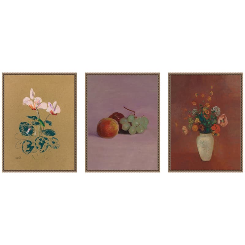 Kate and Laurel Cyclamen, Still Life Fruit, & Bouquet 3 Piece Framed Canvas Wall Art by Nostalgia Prints - 3 Piece Set 18x24
